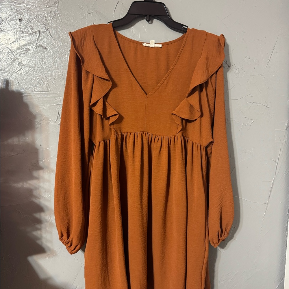 Newbury Kustom Rust Orange Ruffle V-Neck Long Sleeve Dress